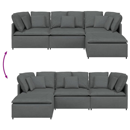 Sofá modular com pufes e almofadas tecido cinzento-escuro