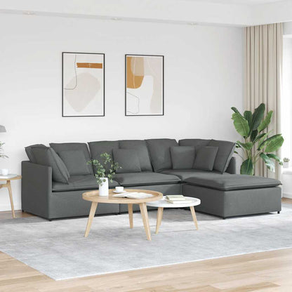 Sofá modular com pufes e almofadas tecido cinzento-escuro