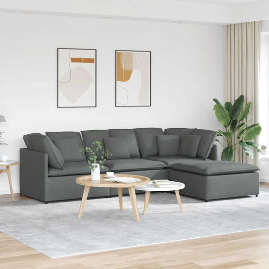 Sofá modular com pufes e almofadas tecido cinzento-escuro