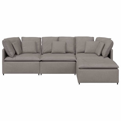 Sofá modular com pufes e almofadas tecido cinzento-acastanhado