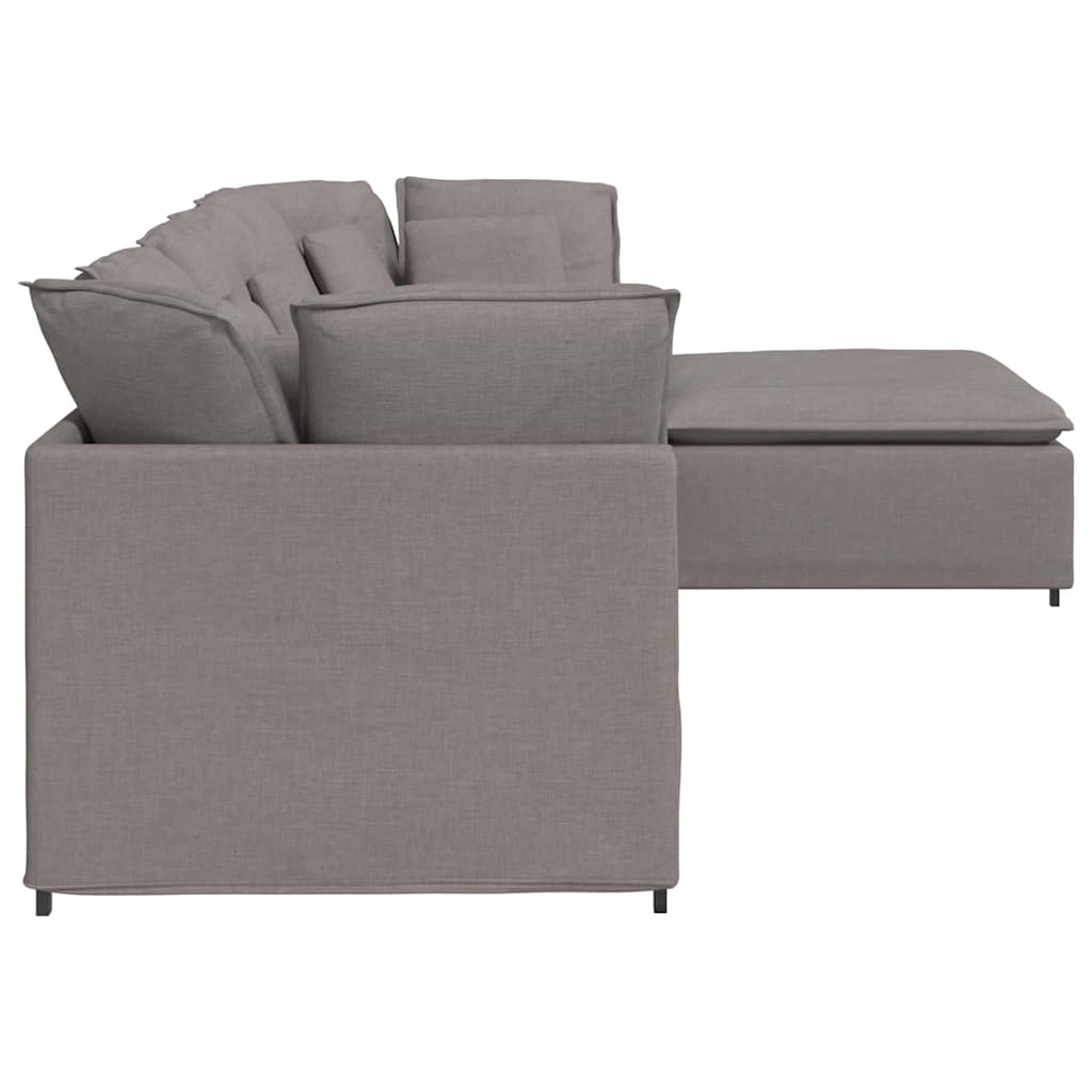 Sofá modular com pufes e almofadas tecido cinzento-acastanhado
