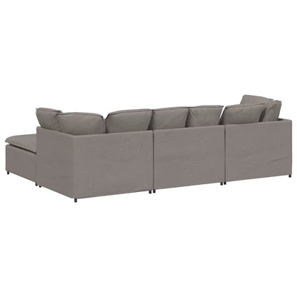 Sofá modular com pufes e almofadas tecido cinzento-acastanhado