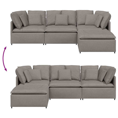 Sofá modular com pufes e almofadas tecido cinzento-acastanhado