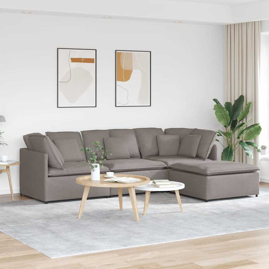 Sofá modular com pufes e almofadas tecido cinzento-acastanhado