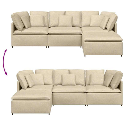 Sofá modular com pufes e almofadas tecido creme