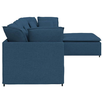 Sofá modular com pufes e almofadas tecido azul