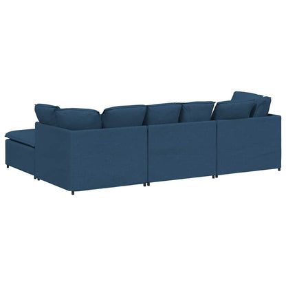 Sofá modular com pufes e almofadas tecido azul
