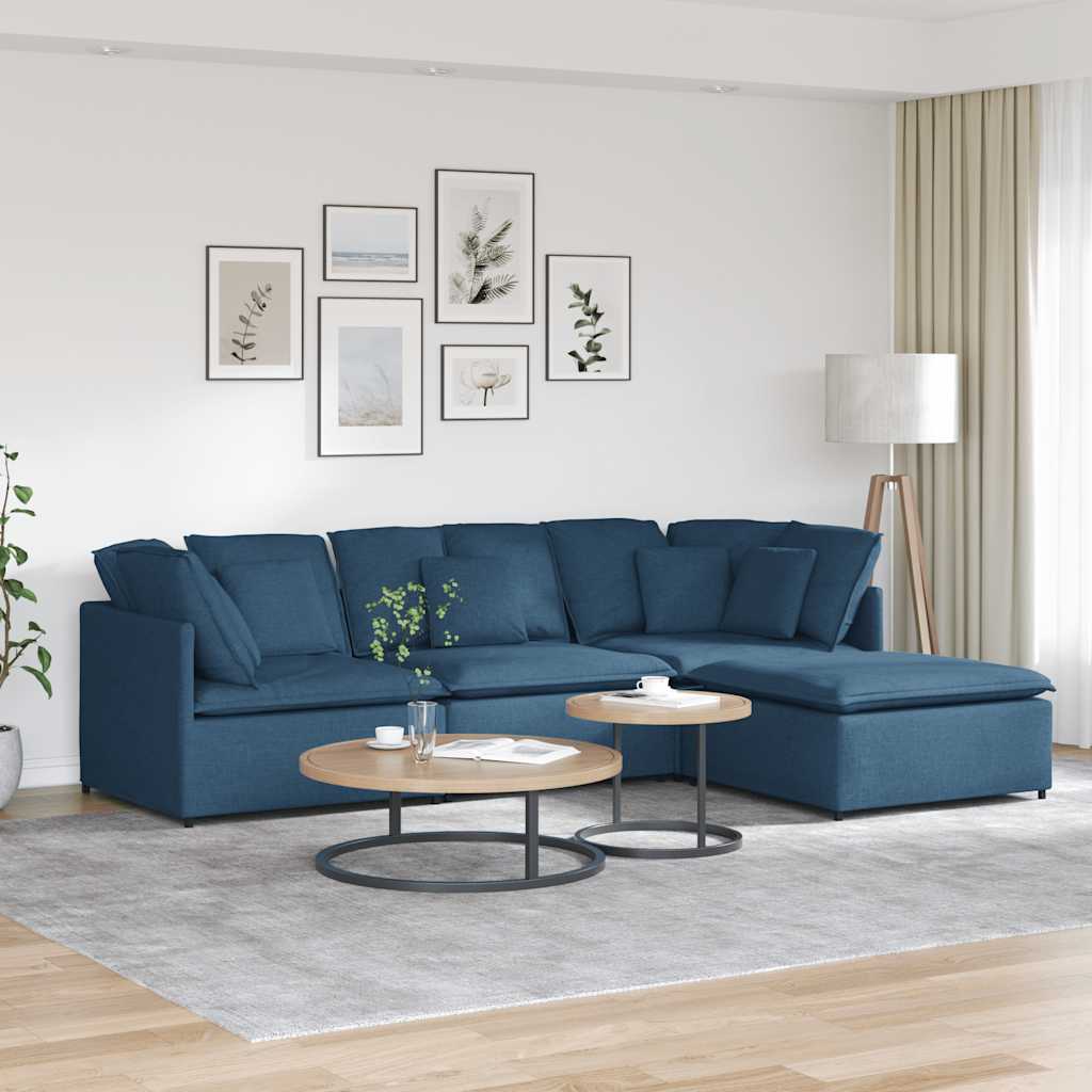 Sofá modular com pufes e almofadas tecido azul