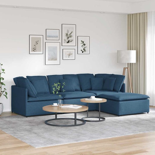 Sofá modular com pufes e almofadas tecido azul