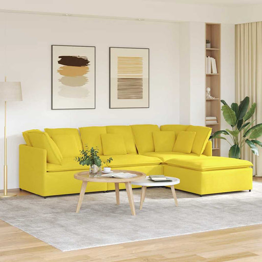 Sofá modular com pufes e almofadas tecido amarelo-claro