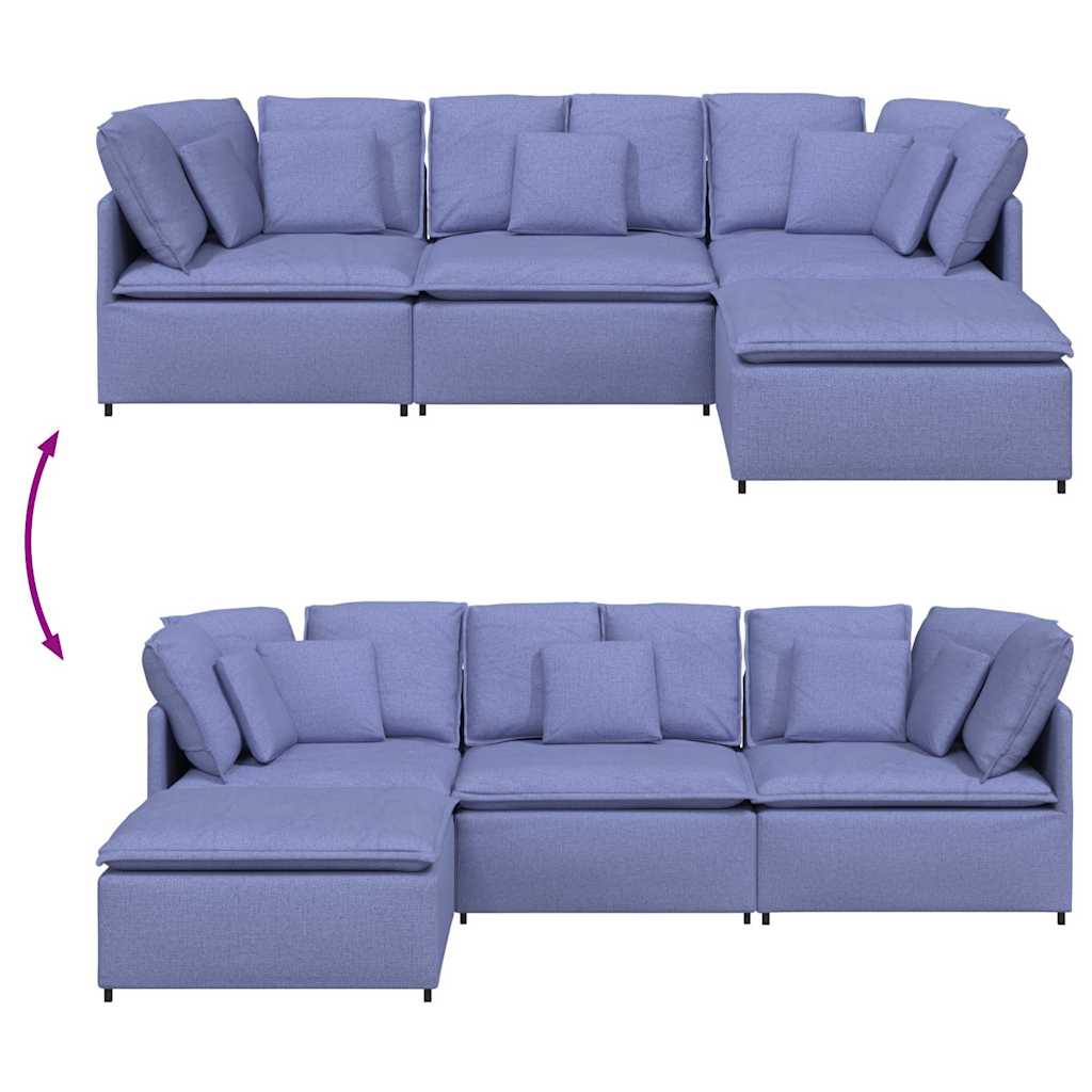 Sofá modular com pufes e almofadas tecido azul ganga
