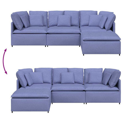 Sofá modular com pufes e almofadas tecido azul ganga
