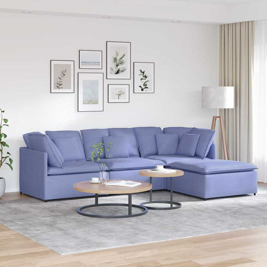 Sofá modular com pufes e almofadas tecido azul ganga