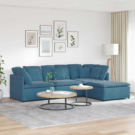 Sofá modular com pufes e almofadas veludo azul