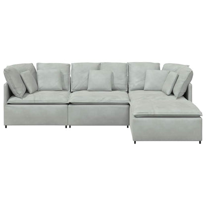 Sofá modular com pufes e almofadas veludo cinzento-claro
