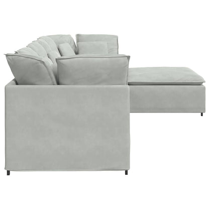 Sofá modular com pufes e almofadas veludo cinzento-claro