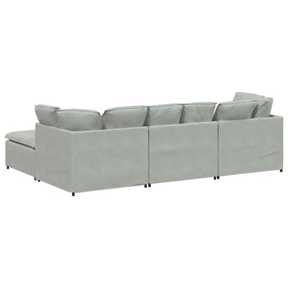 Sofá modular com pufes e almofadas veludo cinzento-claro