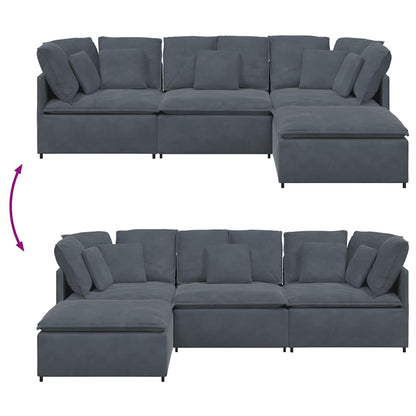 Sofá modular com pufes e almofadas veludo cinzento-escuro