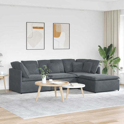 Sofá modular com pufes e almofadas veludo cinzento-escuro