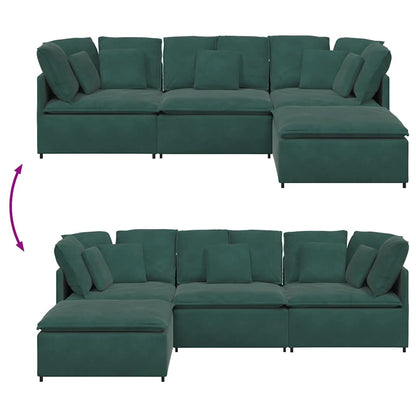 Sofá modular com pufes e almofadas veludo verde-escuro