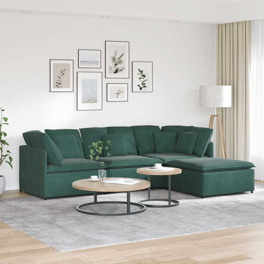 Sofá modular com pufes e almofadas veludo verde-escuro
