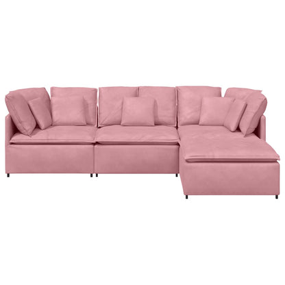 Sofá modular com pufes e almofadas veludo rosa