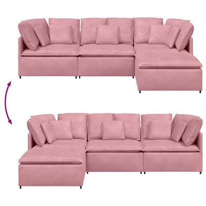Sofá modular com pufes e almofadas veludo rosa
