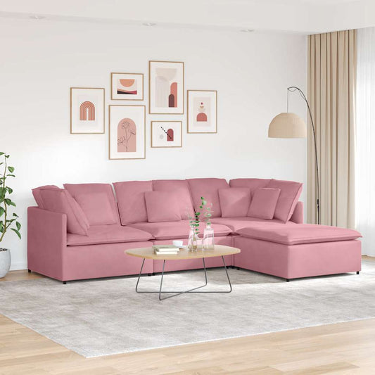 Sofá modular com pufes e almofadas veludo rosa