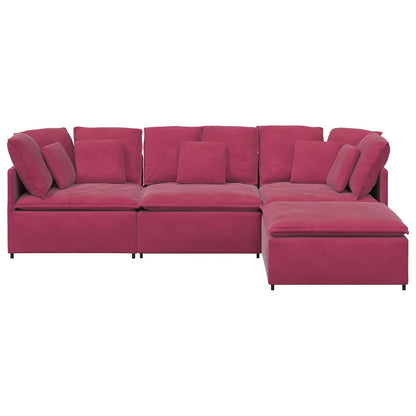 Sofá modular com pufes e almofadas veludo vermelho tinto