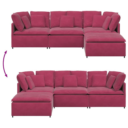 Sofá modular com pufes e almofadas veludo vermelho tinto