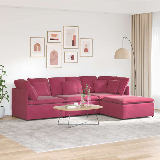 Sofá modular com pufes e almofadas veludo vermelho tinto