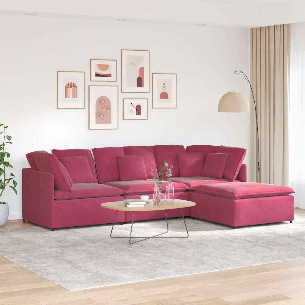 Sofá modular com pufes e almofadas veludo vermelho tinto