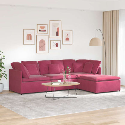 Sofá modular com pufes e almofadas veludo vermelho tinto