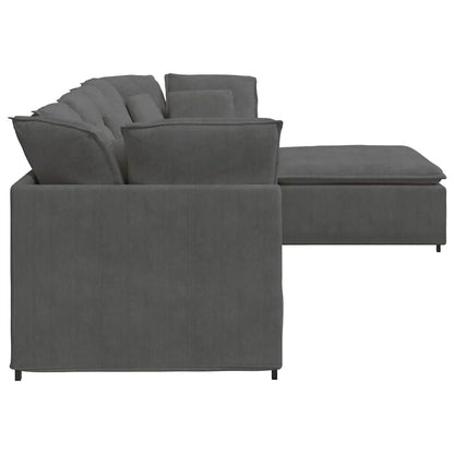 Sofá modular c/ pufes almofadas tecido corduroy cinzento-escuro