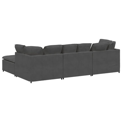 Sofá modular c/ pufes almofadas tecido corduroy cinzento-escuro