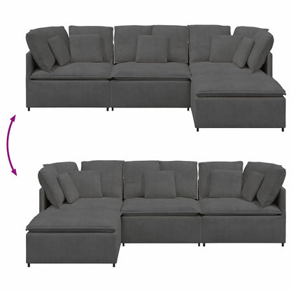 Sofá modular c/ pufes almofadas tecido corduroy cinzento-escuro
