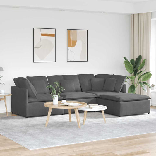 Sofá modular c/ pufes almofadas tecido corduroy cinzento-escuro