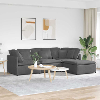 Sofá modular c/ pufes almofadas tecido corduroy cinzento-escuro