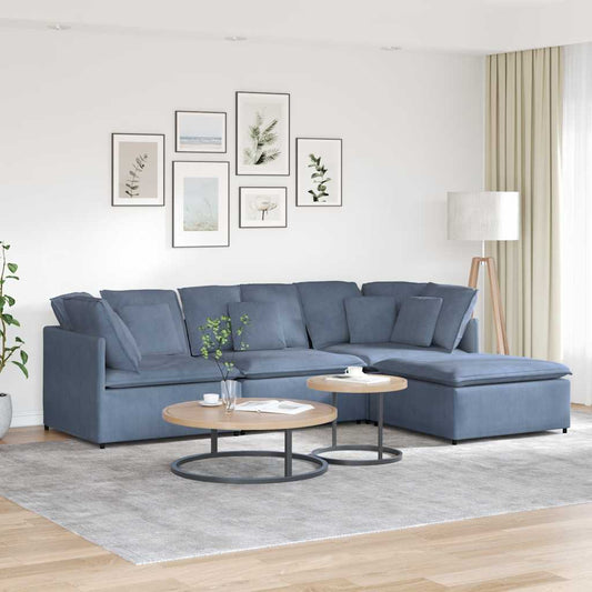 Sofá modular com pufes e almofadas tecido corduroy azul