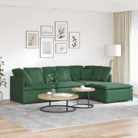 Sofá modular com pufes e almofadas tecido corduroy verde escuro