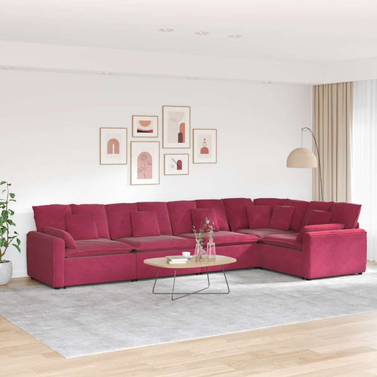 Sofá modular com almofadas veludo vermelho tinto
