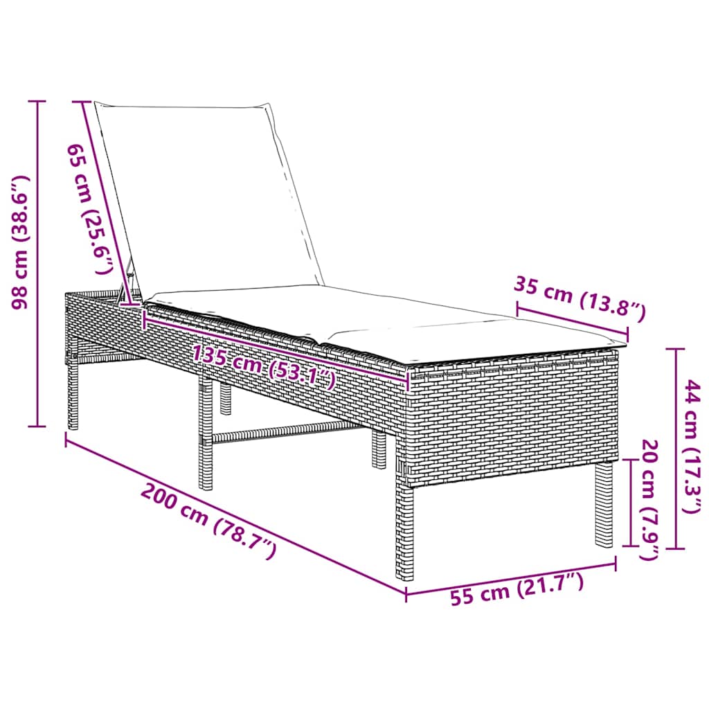 Sun lounger with cushion 55x200x44 cm black PE wicker