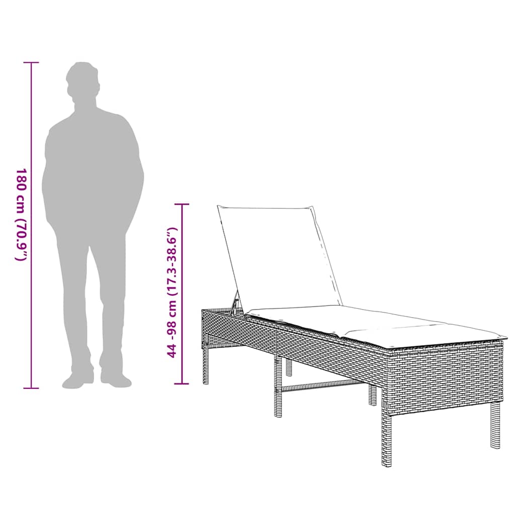 Sun lounger with cushion 55x200x44cm grey PE wicker