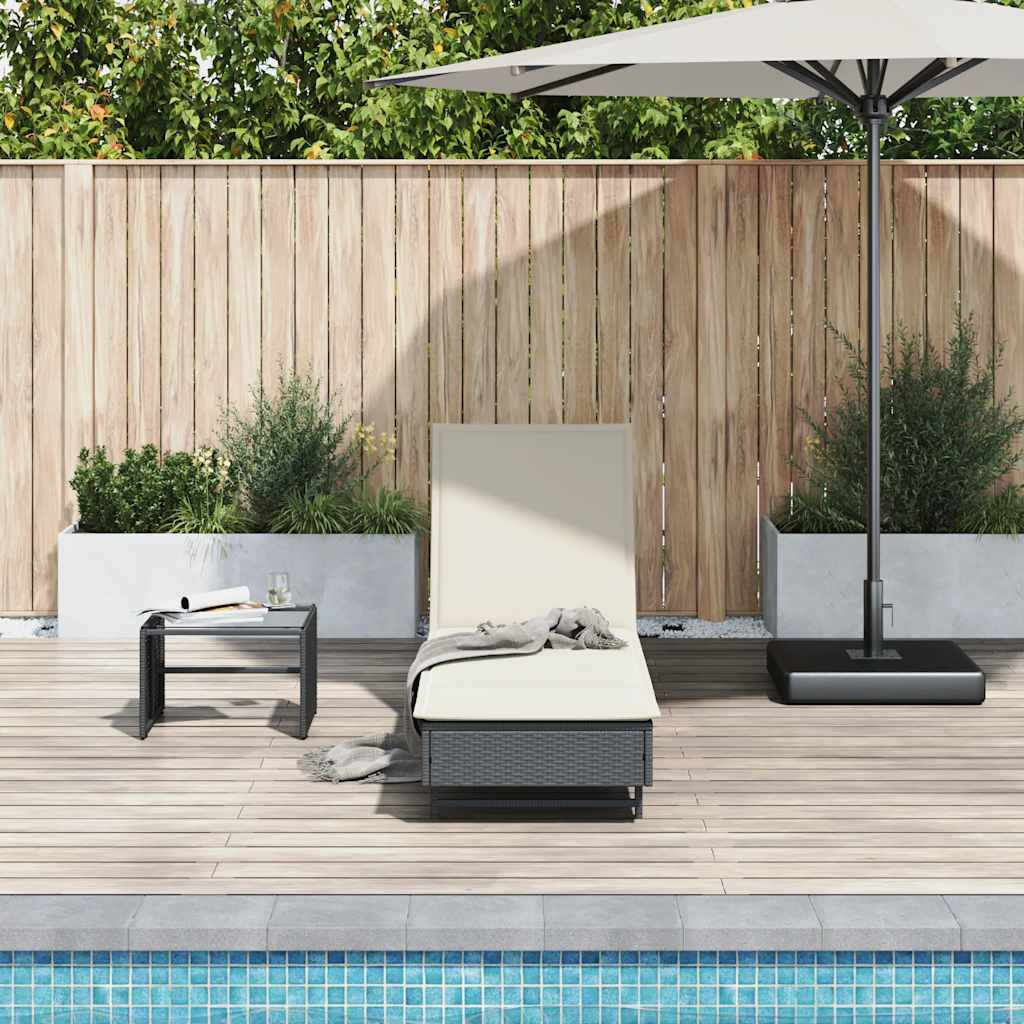 Sun lounger with wheels and cushion in black PE wicker