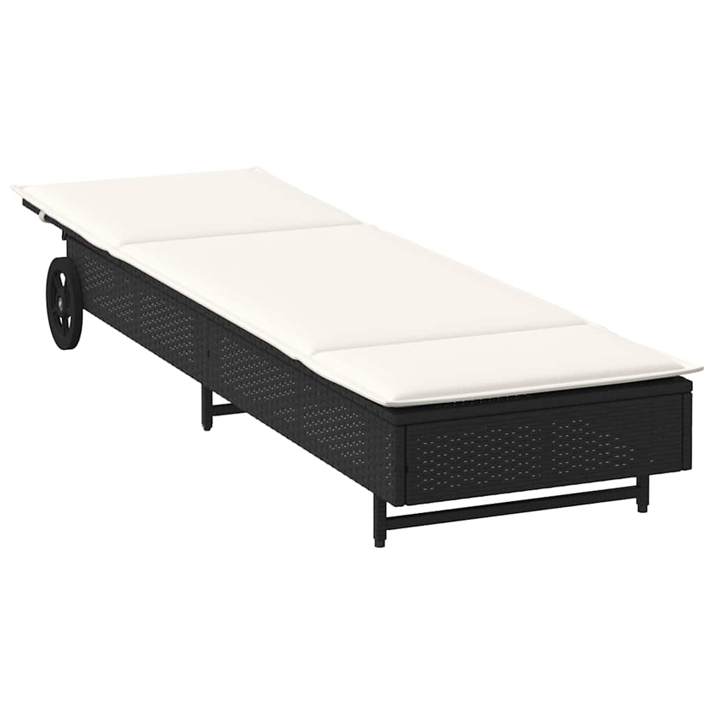 Sun lounger with wheels and cushion in black PE wicker