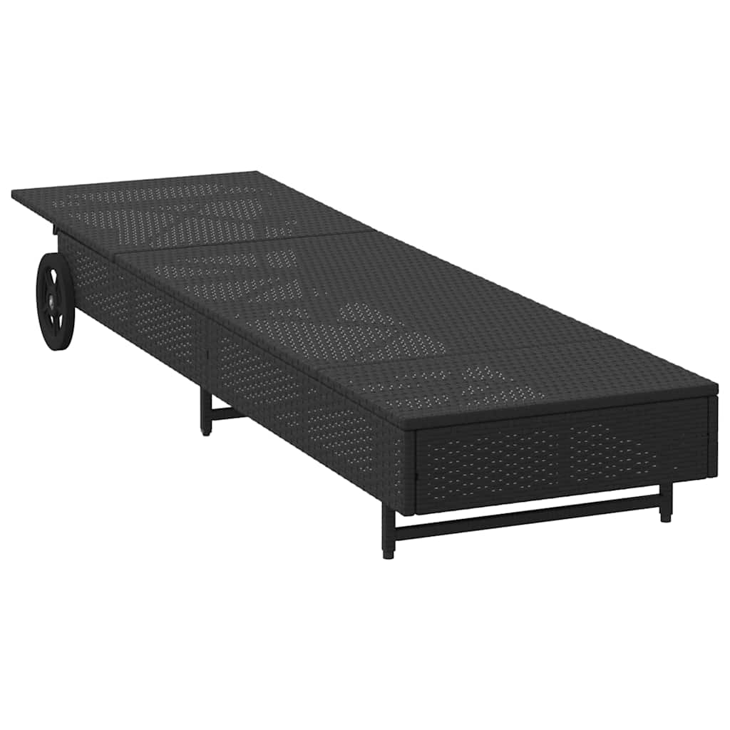 Sun lounger with wheels and cushion in black PE wicker