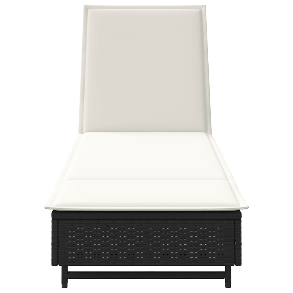 Sun lounger with wheels and cushion in black PE wicker