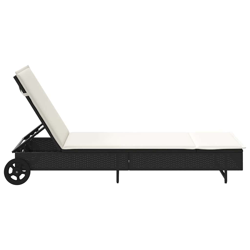 Sun lounger with wheels and cushion in black PE wicker