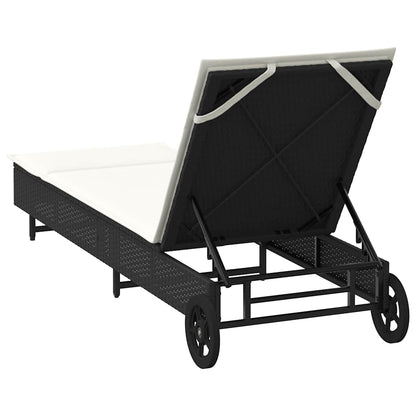 Sun lounger with wheels and cushion in black PE wicker