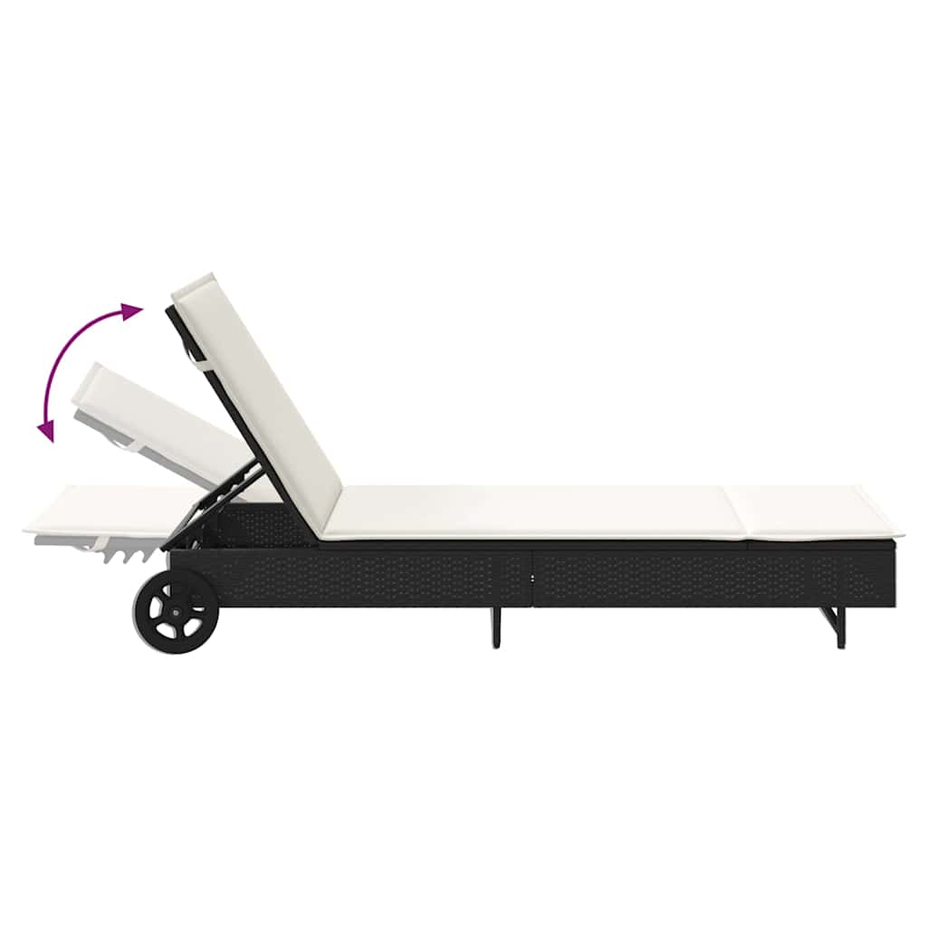 Sun lounger with wheels and cushion in black PE wicker